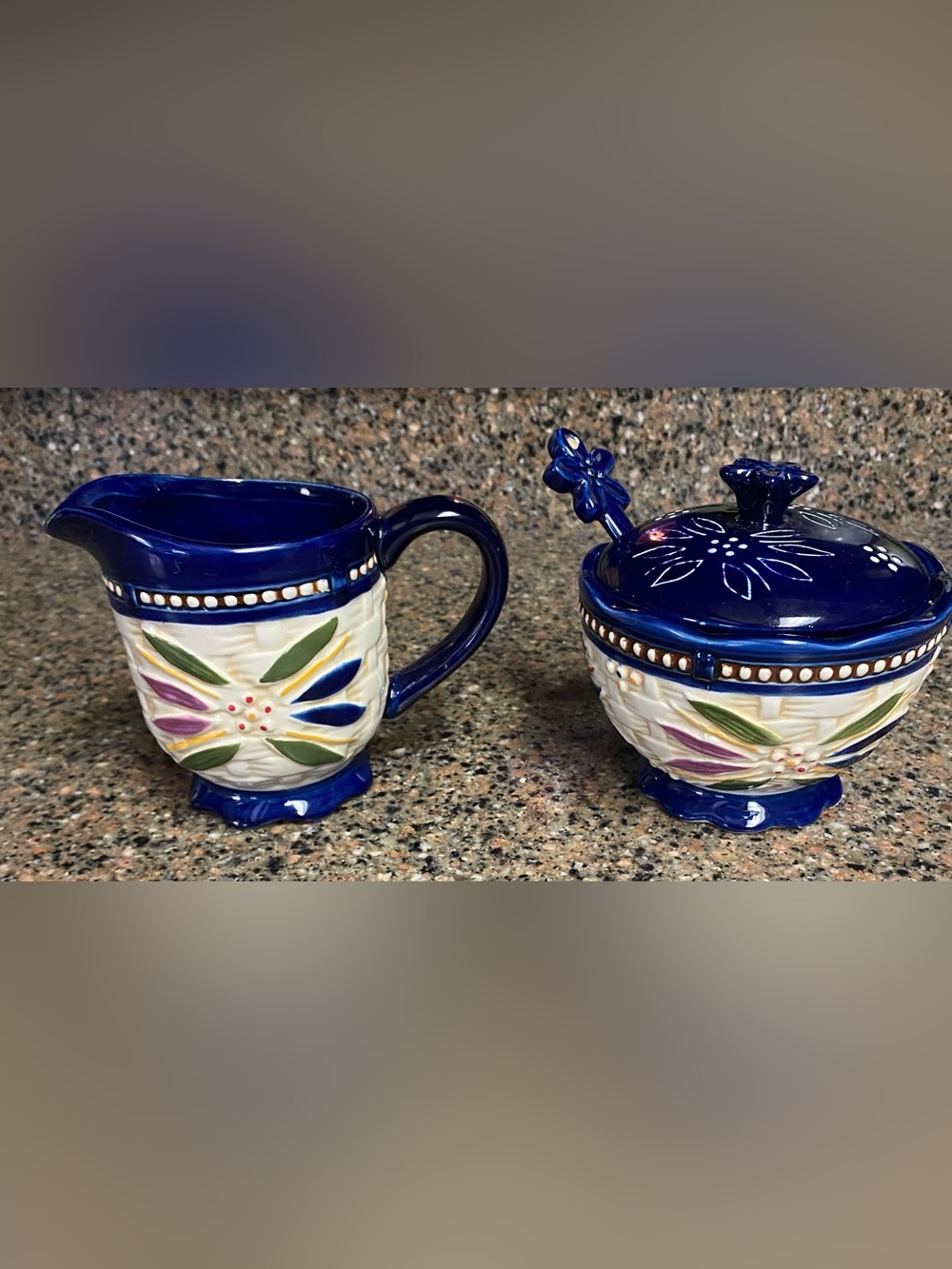 Temp-Tations Blue and White Hand-Painted Creamer and Sugar Set